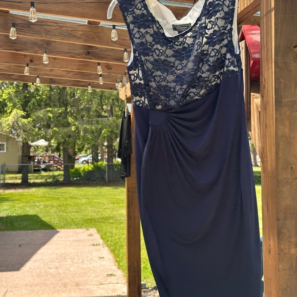 Dress Barn Asymmetrical Ruched Blue Sparkling Embellishment Gown Women’s 10 EUC - Picture 10 of 16